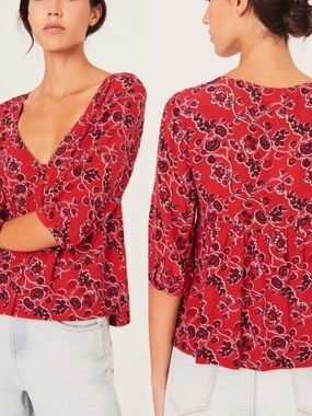 ba&sh Lady Floral V-Neck Blouse - Red - Size Medium